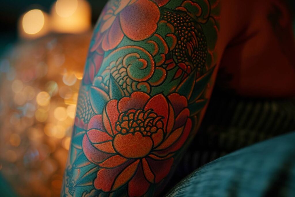 Tatouage coloré avec des soins et conseils visibles