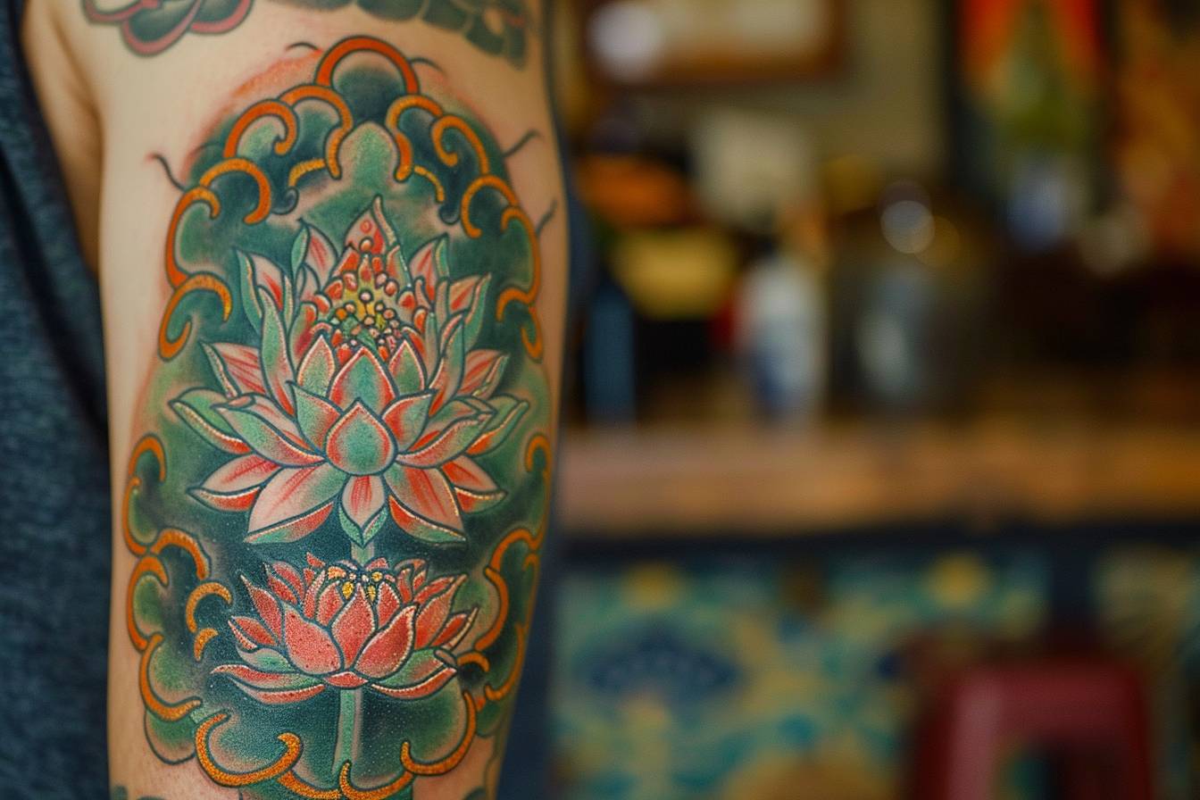 Tatouage coloré avec des nuances vives et éclatantes  
Peau ornée de motifs colorés resplendissants et lumineux