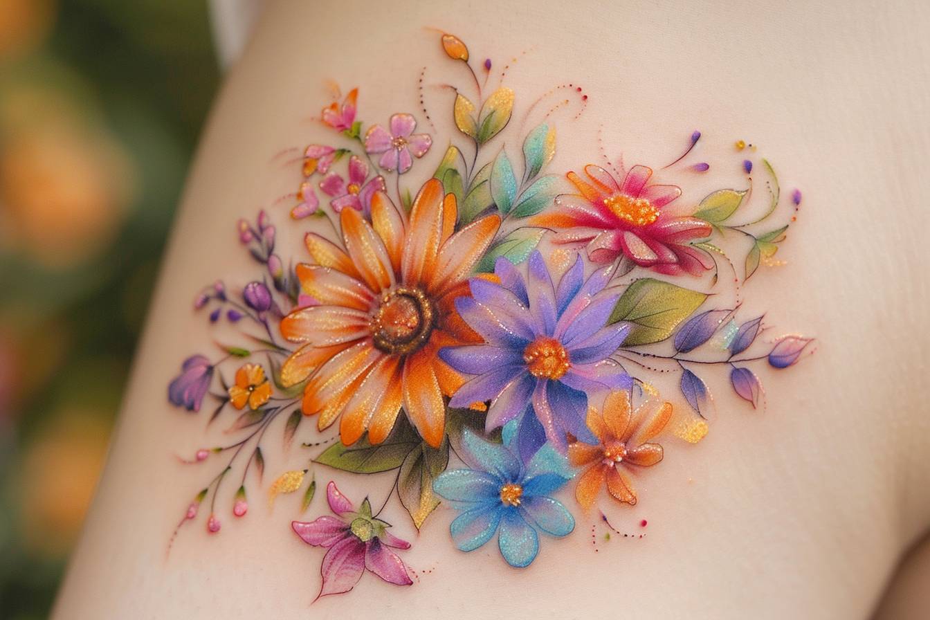 Tatoueur créant un effet aquarelle sur la peau  
Artiste réalisant une œuvre inspirée de la peinture