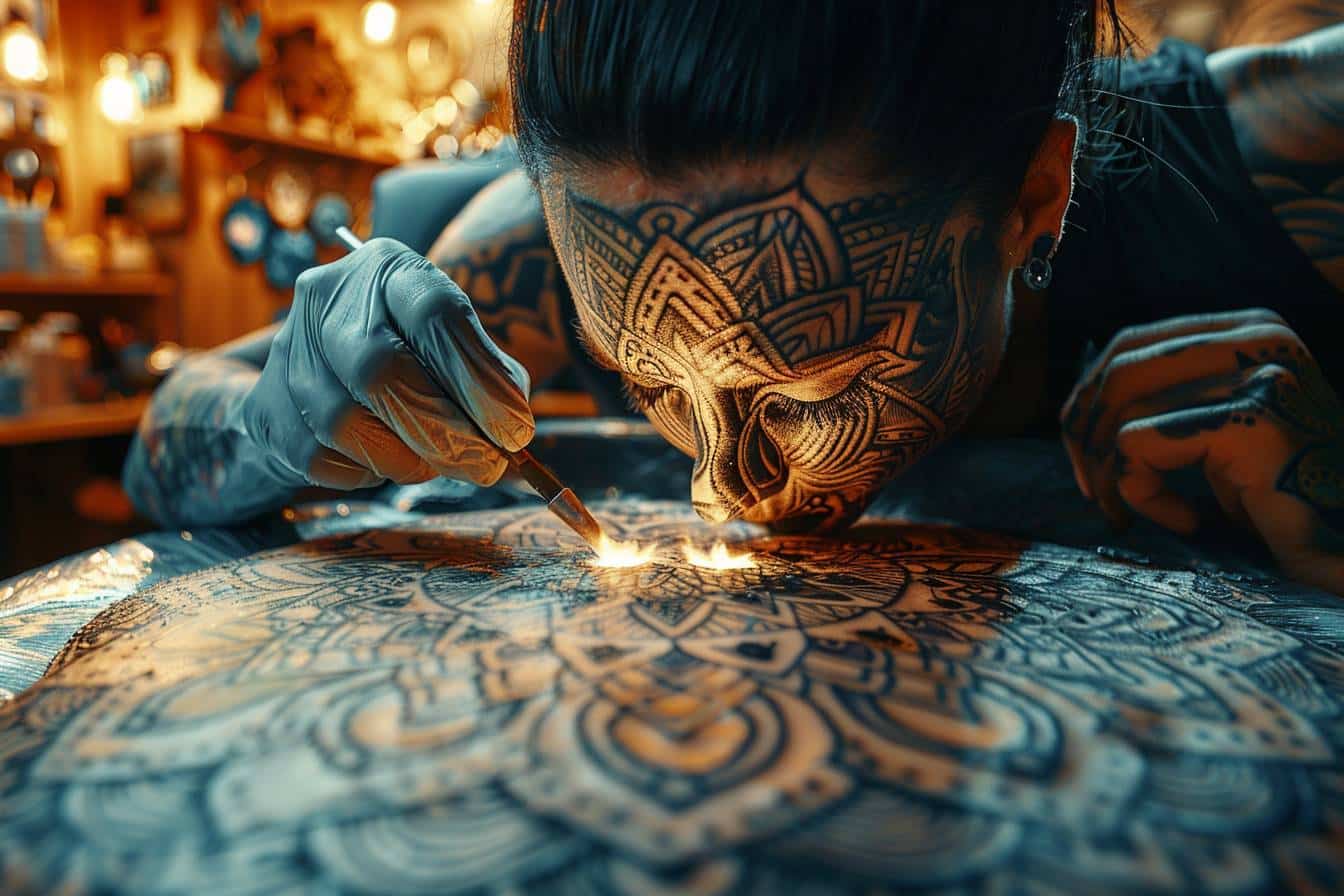 Tatoueur créant des mandalas sur la peau